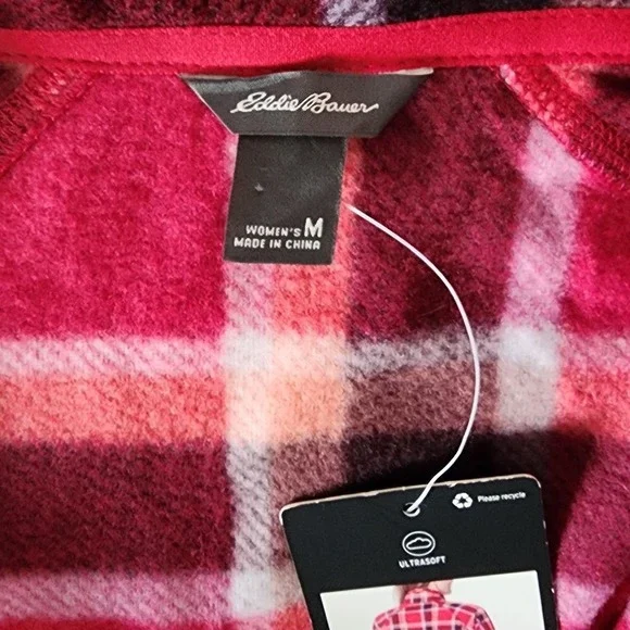 Eddie Bauer Women's Fleece 1/4 Zip Plaid Pullover Top Red Black M - Picture 3 of 6